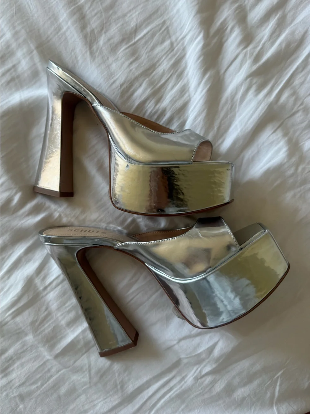 Schutz Adrianna Silver Platform Block Heel Mules for Women